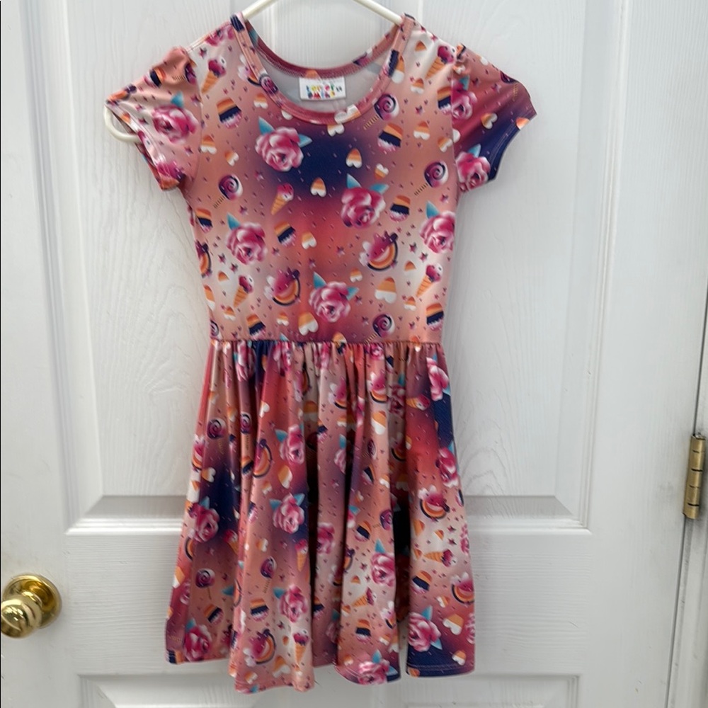 Dot Dot Smile Girls Pink Fit & Flare Dress Sundress Kid Size 5/6 Roses Cupcakes
